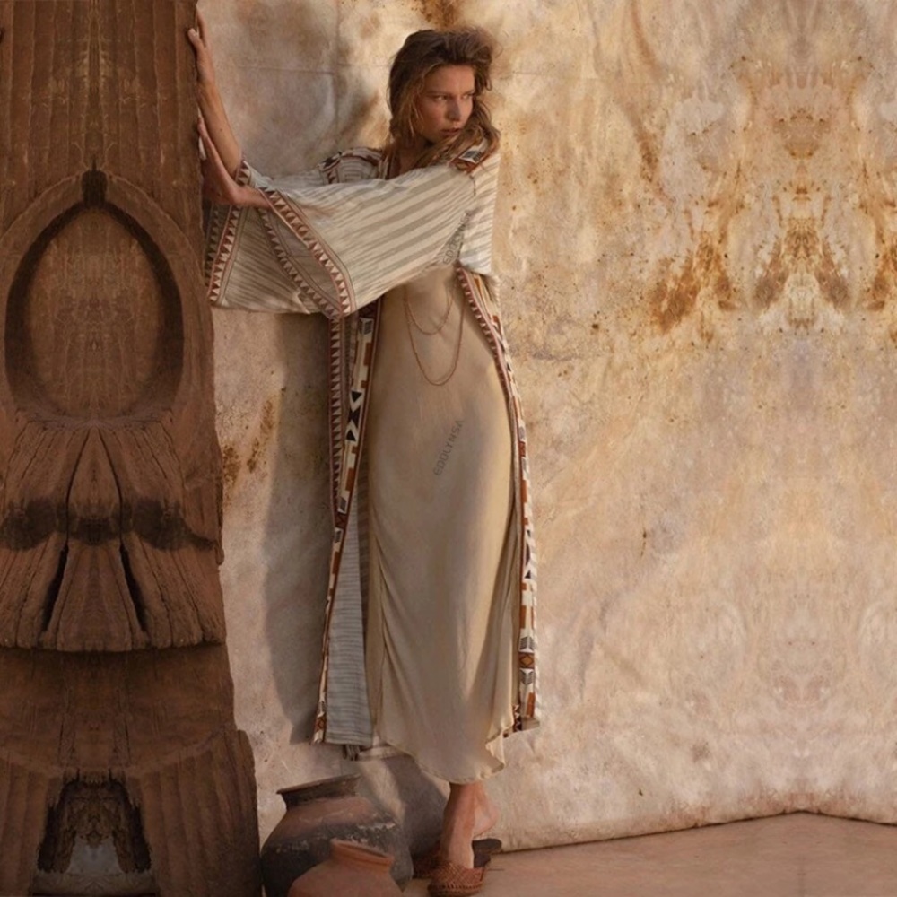 Western Aztec Boho Tribal Kimono Duster Wrap - Picture 3 of 4